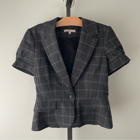 Vintage Jackets & Blazers - Y2K Vintage Wool Blend Short Sleeve Blazer Grey Plaid Size 8 Medium